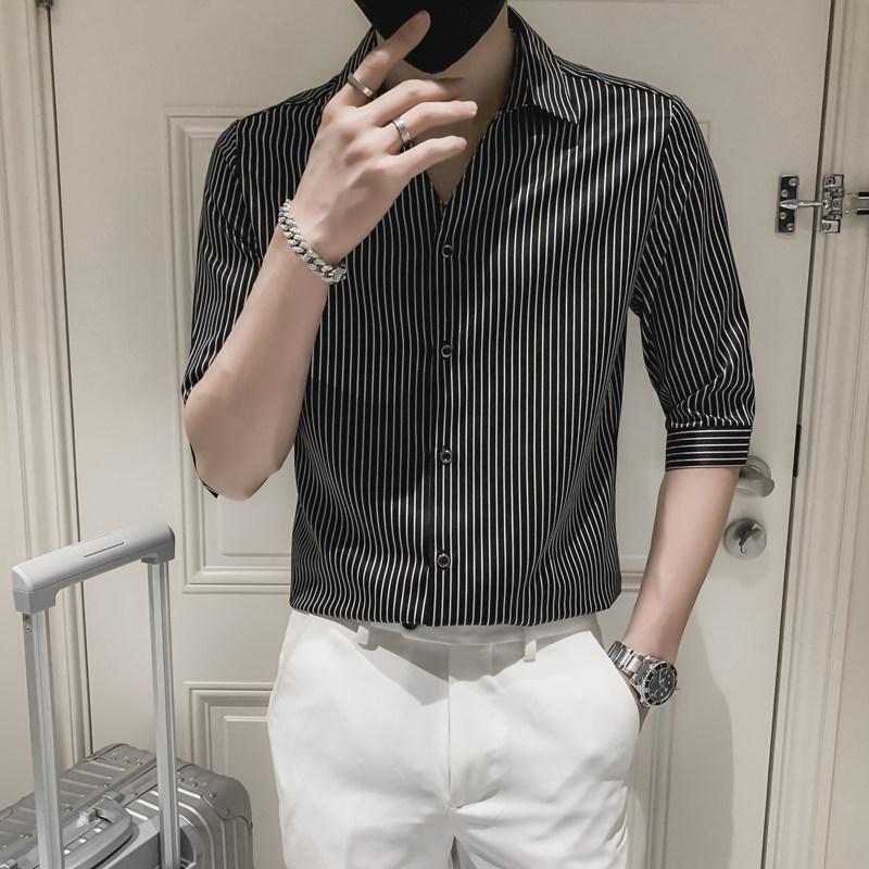 2025夏装轻奢潮流男士七分袖衬衫社会小伙7分中袖衬衣A75-P50,男装衬衫,电商B372
