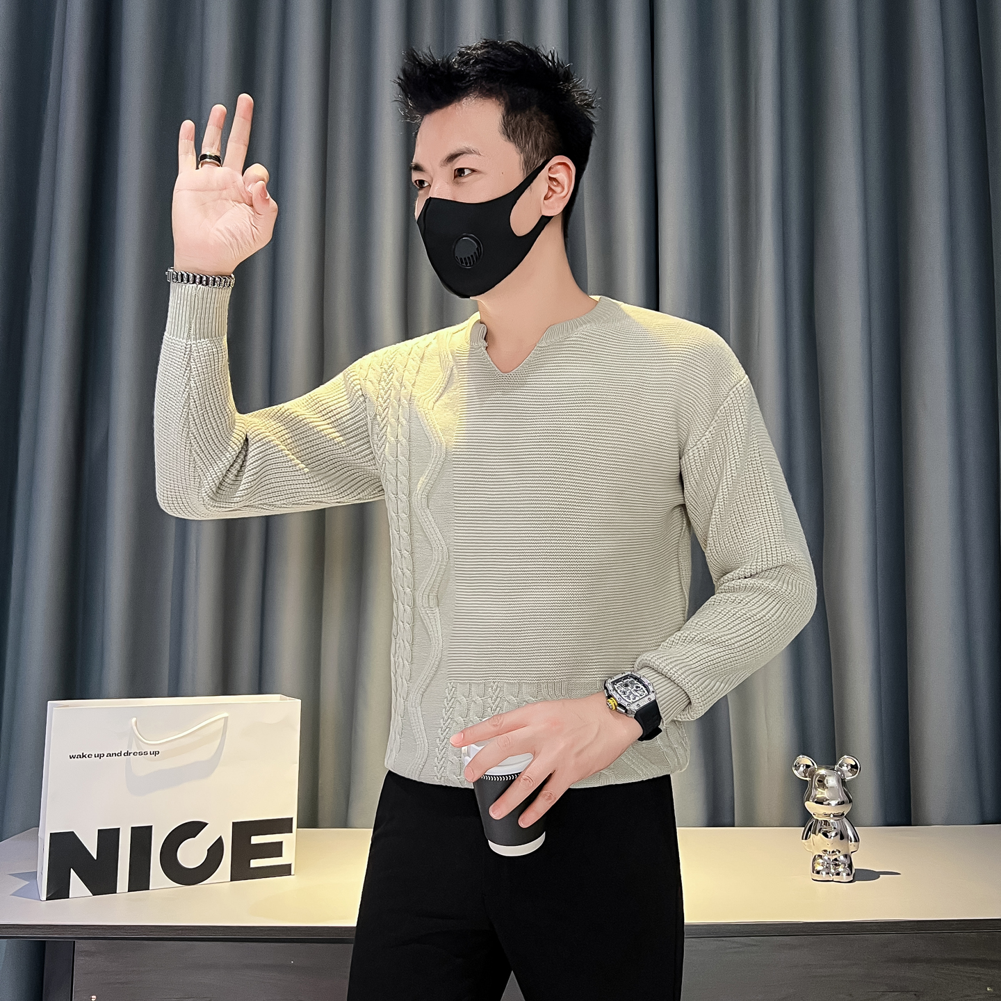 2025秋冬装新款社会小伙高级感帅气打底线衣潮男士毛衣M03-P68，男装T恤，电商B372
