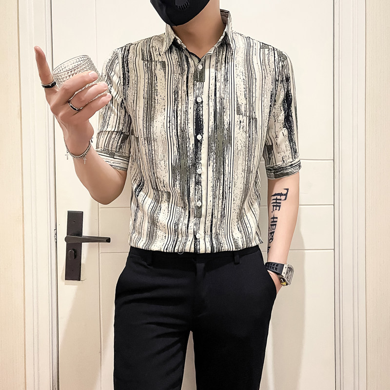 社会小伙店主风无头风2025夏装新款潮男士七分袖衬衫A253-P58控78,男装衬衫,电商B372