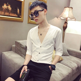 2025春夏新款社会青年精神小伙七分袖衬衫夜店中袖白寸衫A21-P50，男装衬衫，电商B372