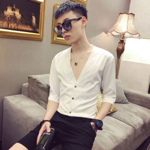 2025春夏新款社会青年精神小伙七分袖衬衫夜店中袖白寸衫 A21-P50，男装衬衫，电商B372