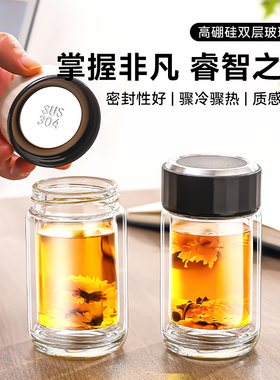 矮胖玻璃杯男女士高级茶杯双层隔热泡茶玻璃杯带盖办公杯子小容量