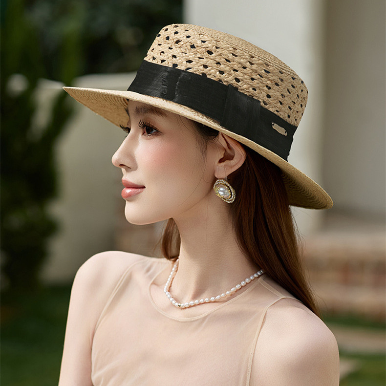法式时髦平顶礼帽女夏拉菲草帽子