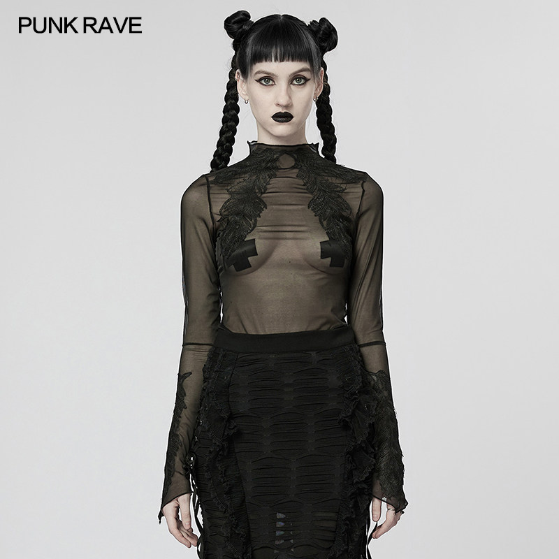 *小破亚文化 PUNK RAVE pr朋克状态女装 哥特羽毛贴花透视打底衫