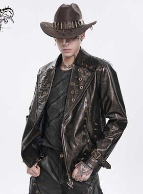 小破亚文化 devil fashion恶魔时尚男装 复古朋克裂纹皮咖色外套