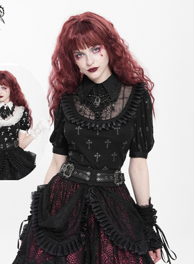 小破亚文化 DEVILFASHION恶魔时尚女装蕾丝花边哥特十字架印花T恤