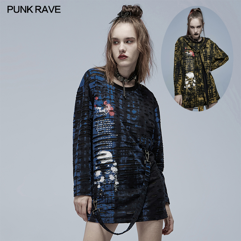 小破亚文化 PUNK RAVE pr朋克状态女装哥特宽松印花长袖兔耳朵t恤