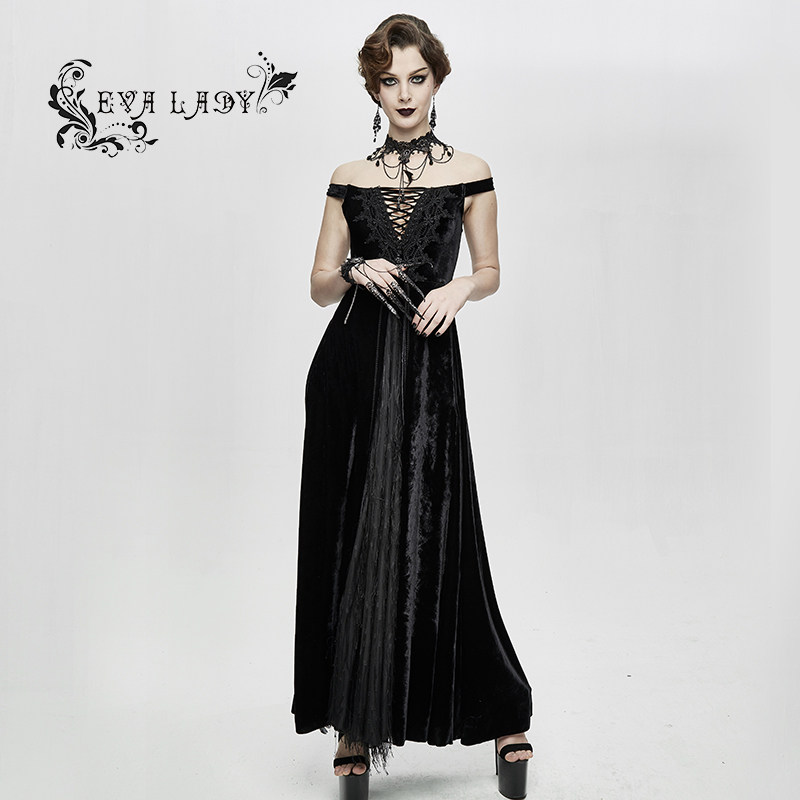 小破亚文化 eva lady's女装 复古哥特暗黑丝绒一字肩长款连衣裙
