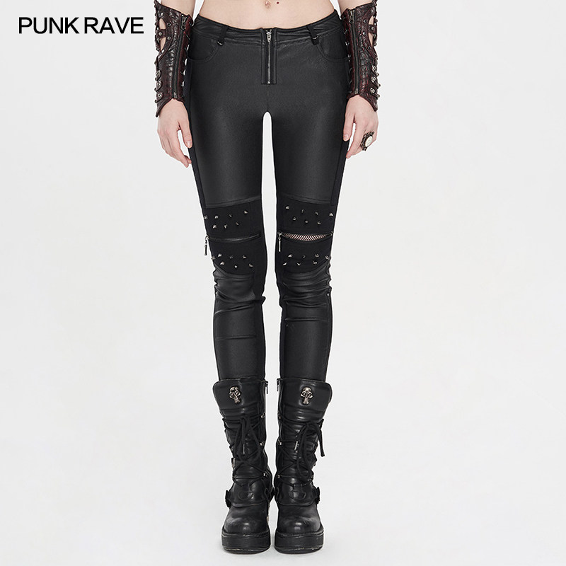 清三折-小破家 PUNK RAVE 朋克状态女装摇滚机车党帅气紧身仿皮裤
