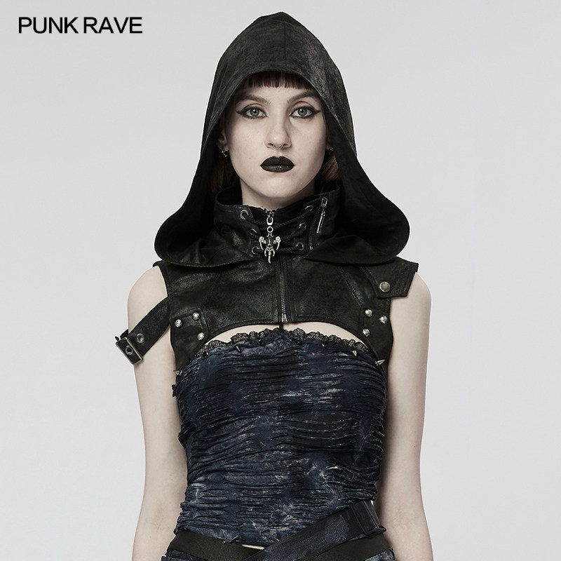 小破亚文化 punk rave pr朋克状态原创女装 暗黑赛博朋克连帽肩饰