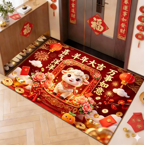 卡通羊年地垫入户门垫新年红色家用喜庆玄关大门进门口防滑脚垫子
