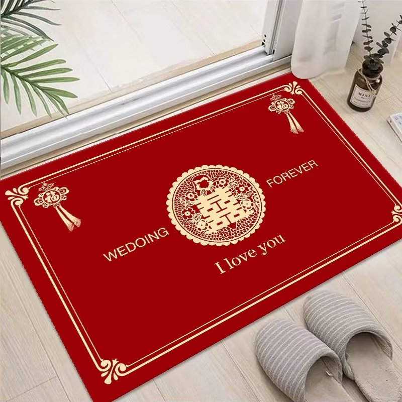 水晶绒红色喜庆婚房门垫床边毯