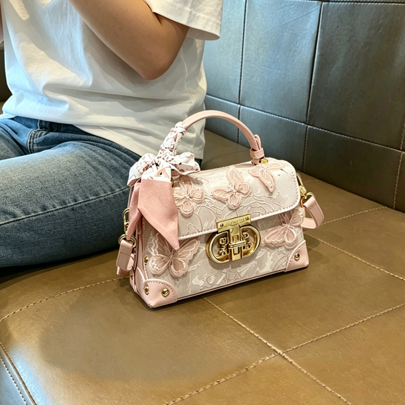 包包女夏季高级感轻奢小众刺绣蝴蝶时尚真皮小方包手提单肩斜挎包