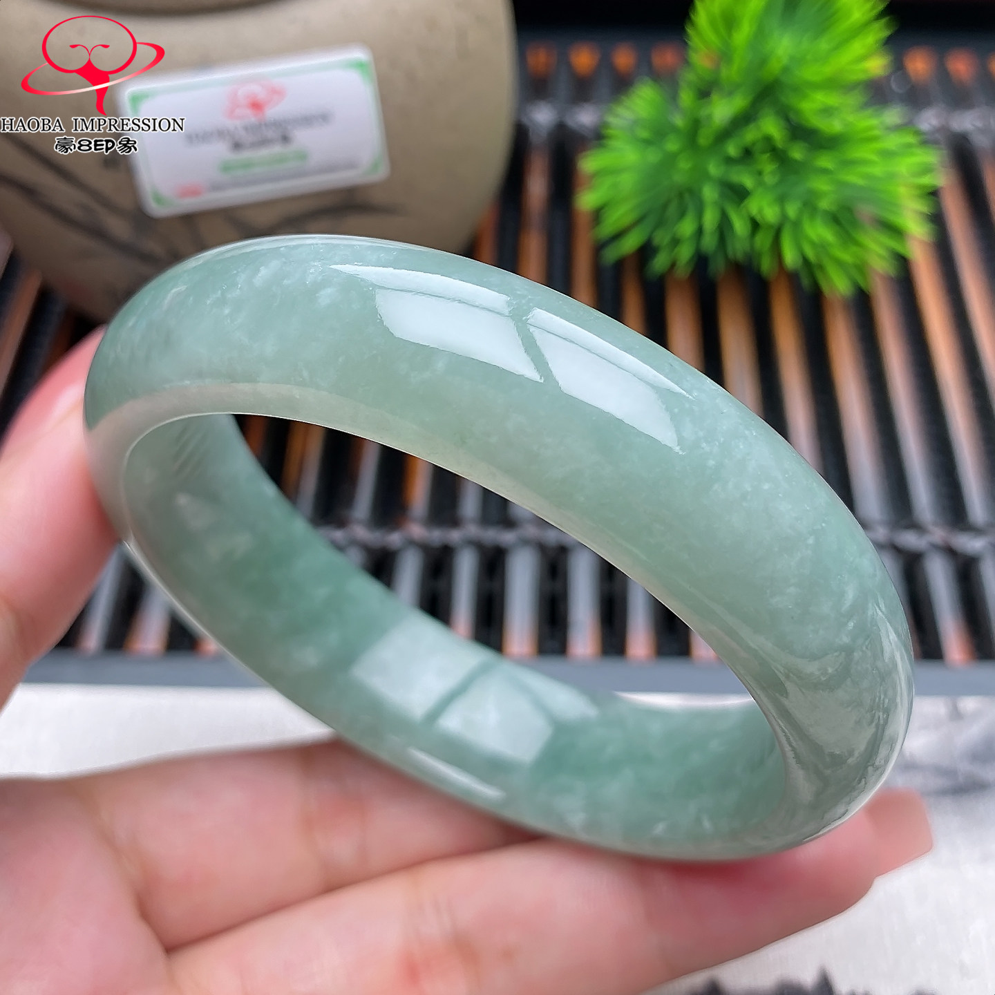 豪8印象X26060X298翡翠手镯圈口59.6mm天然冰糯种浅油绿缅甸玉镯