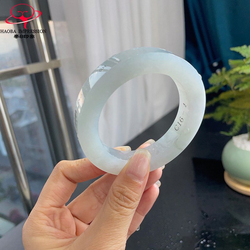 豪8印象珠宝翡翠手镯之家LY-C16-4冰胶白月光手镯坯53定制带证书