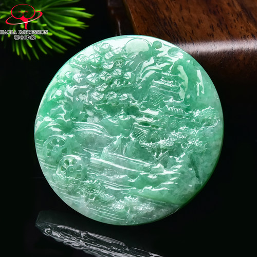 豪8印象手镯之家G26260G118翡翠山水牌吊坠天然缅甸阳绿豆绿挂件