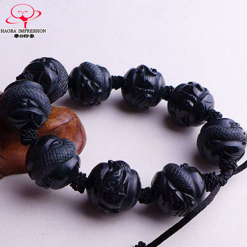 豪8印象L26056L329翡翠九龙戏珠手串冰糯种墨翠九龙抱柱佛珠手链