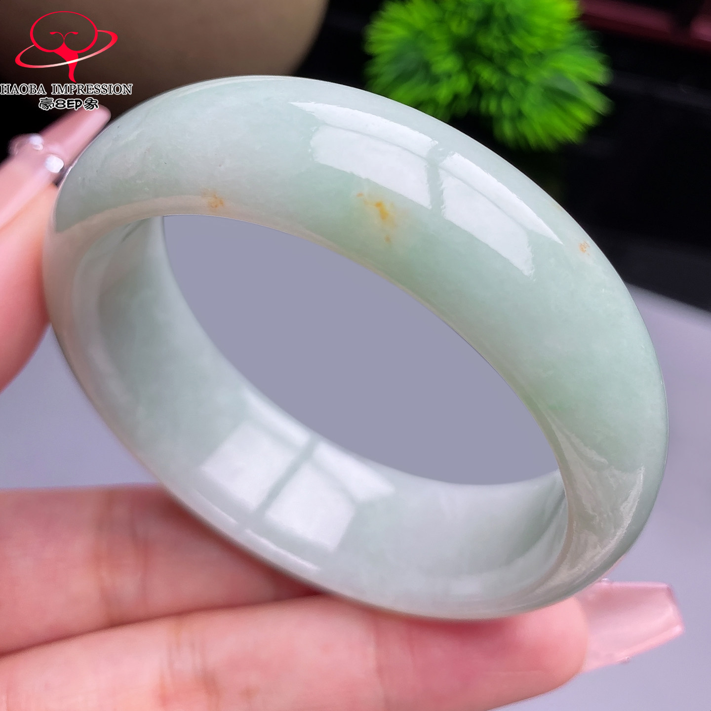 豪8印象X26128X495翡翠手镯圈口51.2天然糯种淡绿洒金缅甸玉镯63g