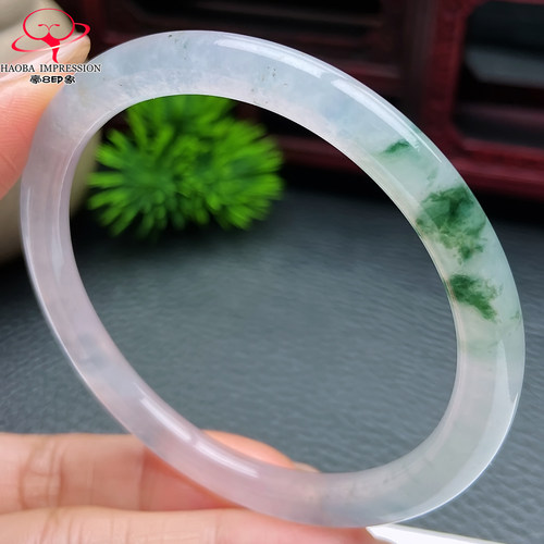 豪8印象X26100X727翡翠圆条手镯圈口56.6天然冰种蓝飘花玉镯22g