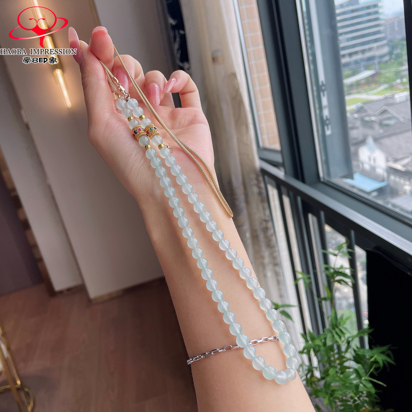 豪8印象P909冰蓝翡翠项链/珠链/手链/手串6.8/54颗缅甸玉石珠子