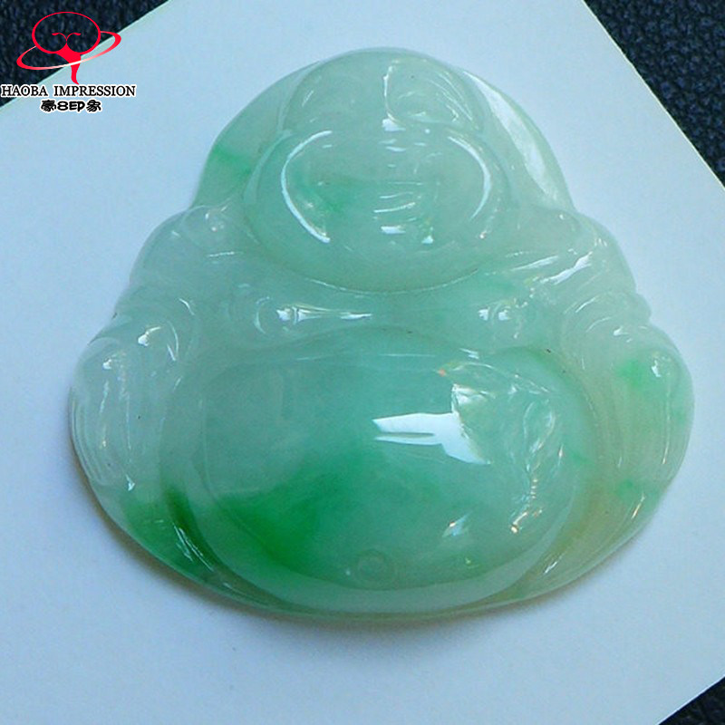 豪8印象L26056L300翡翠笑佛吊坠一对天然冰糯种白底带翠玉佛挂件