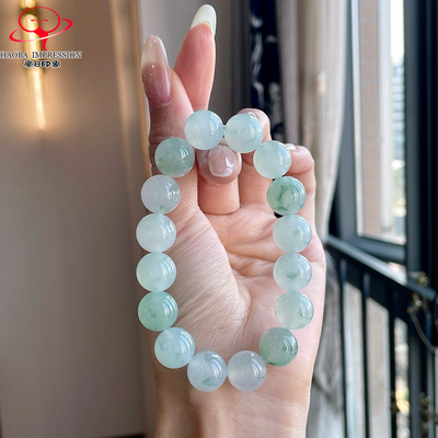 豪8印象P925翡翠冰种珠链/飘花手链/绿手串12.8/16颗缅甸玉石珠子