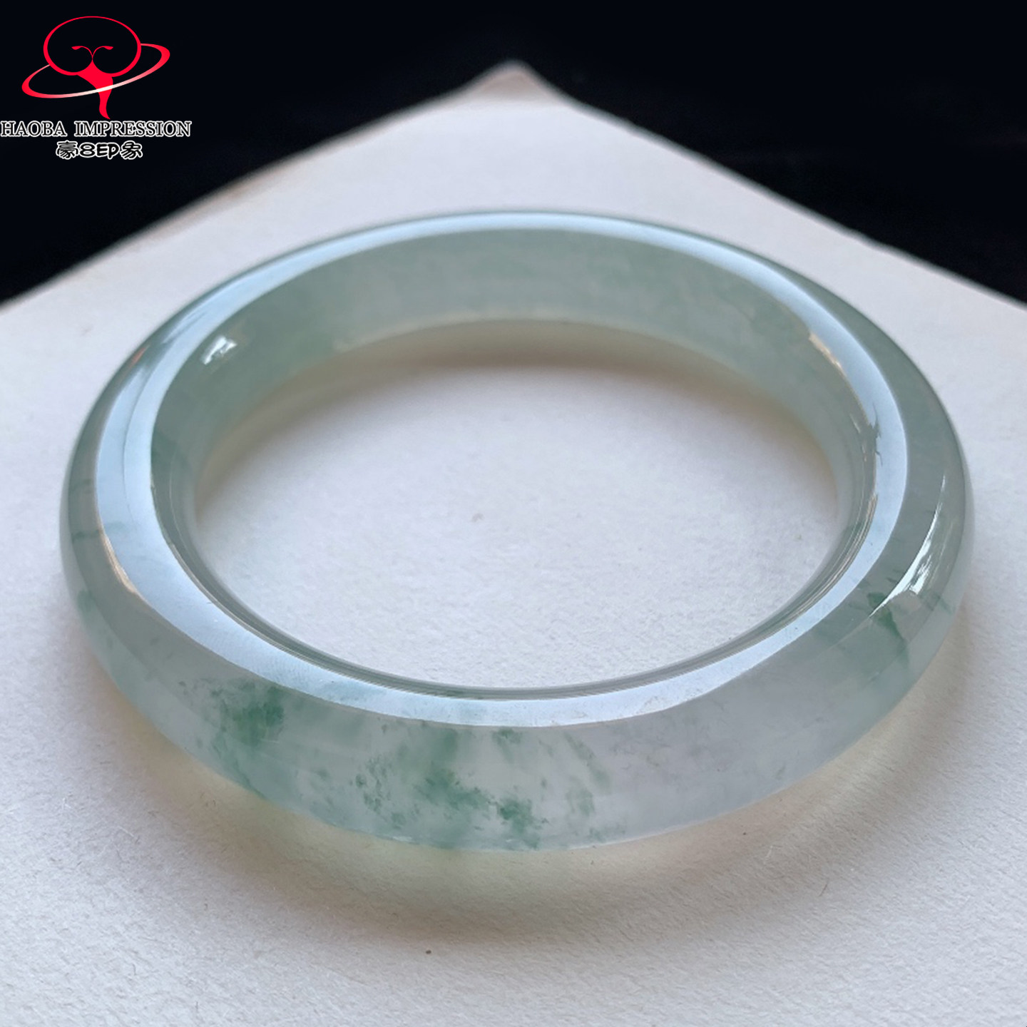 豪8印象V128翡翠圆条手镯圈口65.1玻璃种天然绿飘花缅甸玉石手镯