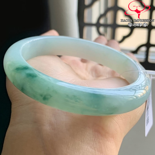 豪8印象W26280W378翡翠手镯圈口57.7天然冰糯种绿飘花缅甸玉手镯