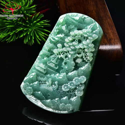 豪8印象手镯之家G26260G114翡翠山水悟道牌挂件豆绿满绿玉吊坠