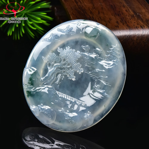 豪8印象手镯之家G26480G105翡翠吊坠天然冰种意境山水牌挂件带证