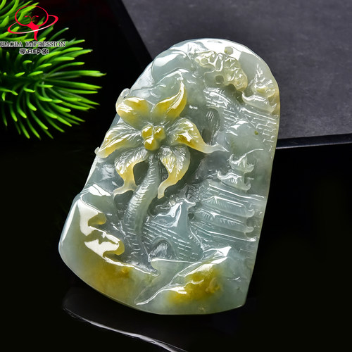 豪8印象手镯之家G26080G202翡翠山水牌吊坠冰糯种淡绿黄翡玉挂件