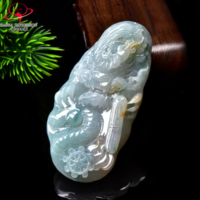 豪8印象手镯之家G26100G184翡翠双龙戏珠挂件绿飘花黄翡龙牌吊坠