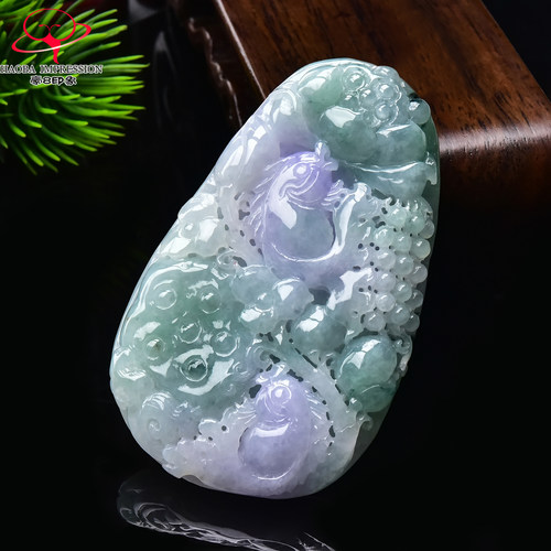 豪8印象手镯之家G26160G128翡翠年年有鱼吊坠冰糯种淡紫淡绿挂件