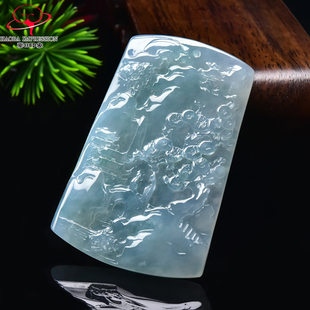 豪8印象手镯之家G26280G111翡翠意境山水牌吊坠绿飘花玉挂件带证