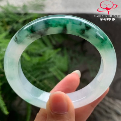 豪8印象V1134翡翠手镯圈口55.7天然高冰种蓝绿飘花缅甸a货玉手镯