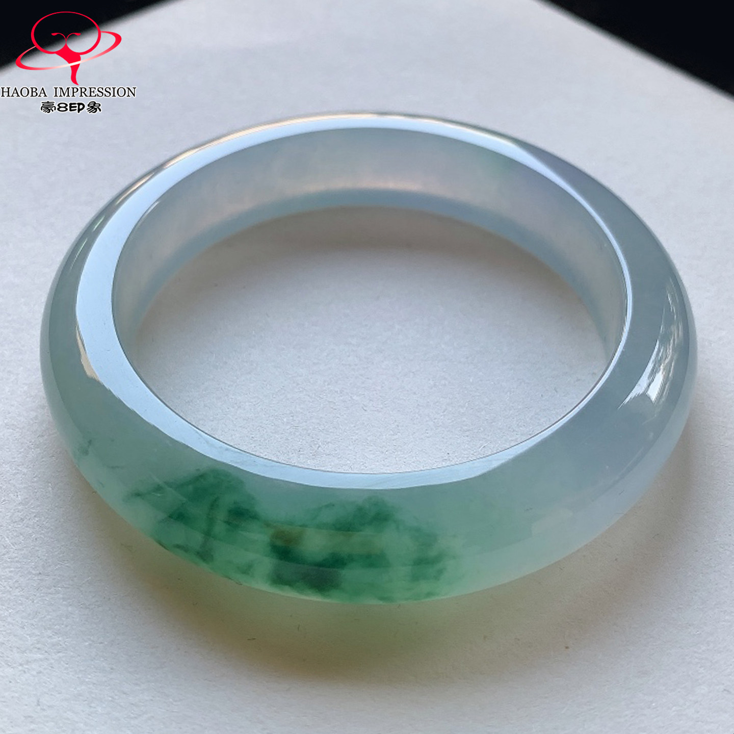 豪8印象V200翡翠手镯圈口57.0天然高冰种绿飘花缅甸a货玉石手镯