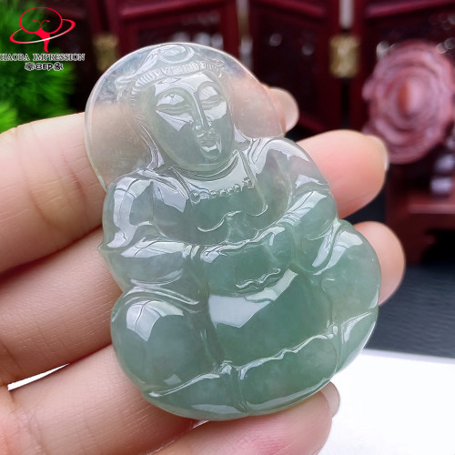豪8印象X26128X599翡翠观音吊坠天然冰种淡绿缅甸玉观音挂件26g