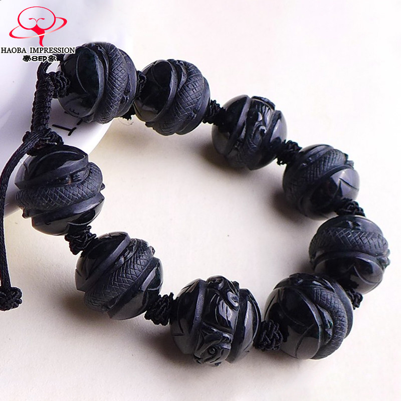 豪8印象L26080L230翡翠九龙戏珠手串冰糯种墨翠九龙抱柱佛珠手链