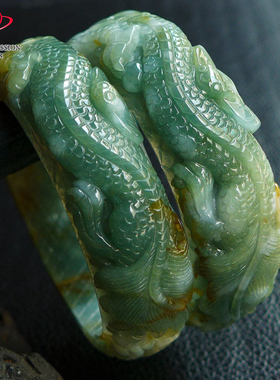 豪8印象手镯之家Z26200Z175翡翠龙凤呈祥手镯圈口55.0mm玉镯一对