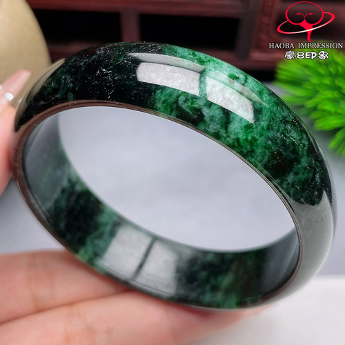 豪8印象M26010M644翡翠手镯圈口60.7天然缅甸a货墨绿飘花玉手镯