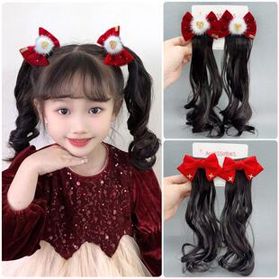 儿童新年红自然黑波浪卷仿真假发头饰蝴蝶结对夹小女孩洋气高马尾