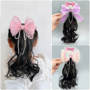 新款春季儿童卷发假发夹可爱女童宝宝公主蝴蝶结发夹高马尾头饰