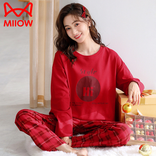 猫人睡衣女2025年新款红色春秋纯棉套头大码本命年结婚秋款家居服