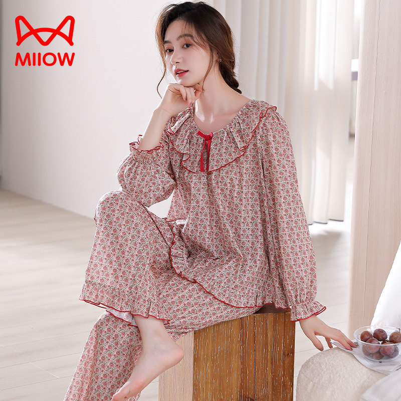 猫人春秋季睡衣女款套头纯棉长袖薄款大码2024新款休闲碎花家居服