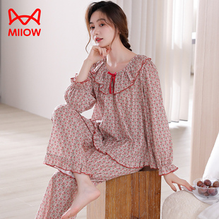 猫人春秋季睡衣女款套头纯棉长袖薄款大码2024新款休闲碎花家居服