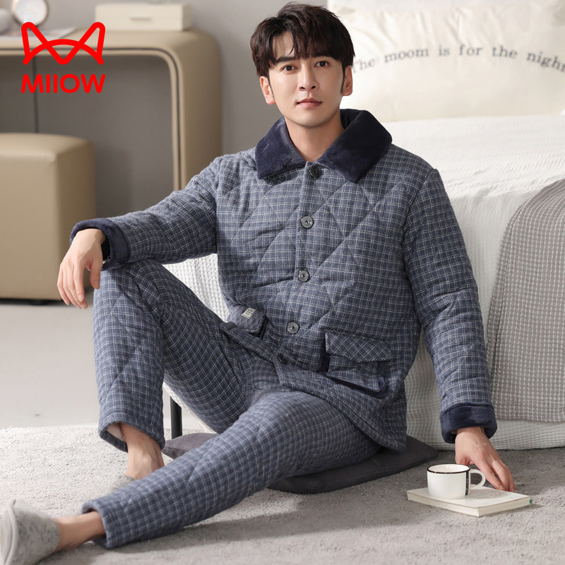 猫人纯棉睡衣男冬款三层夹棉加厚珊瑚绒加绒法兰绒冬男士家居服