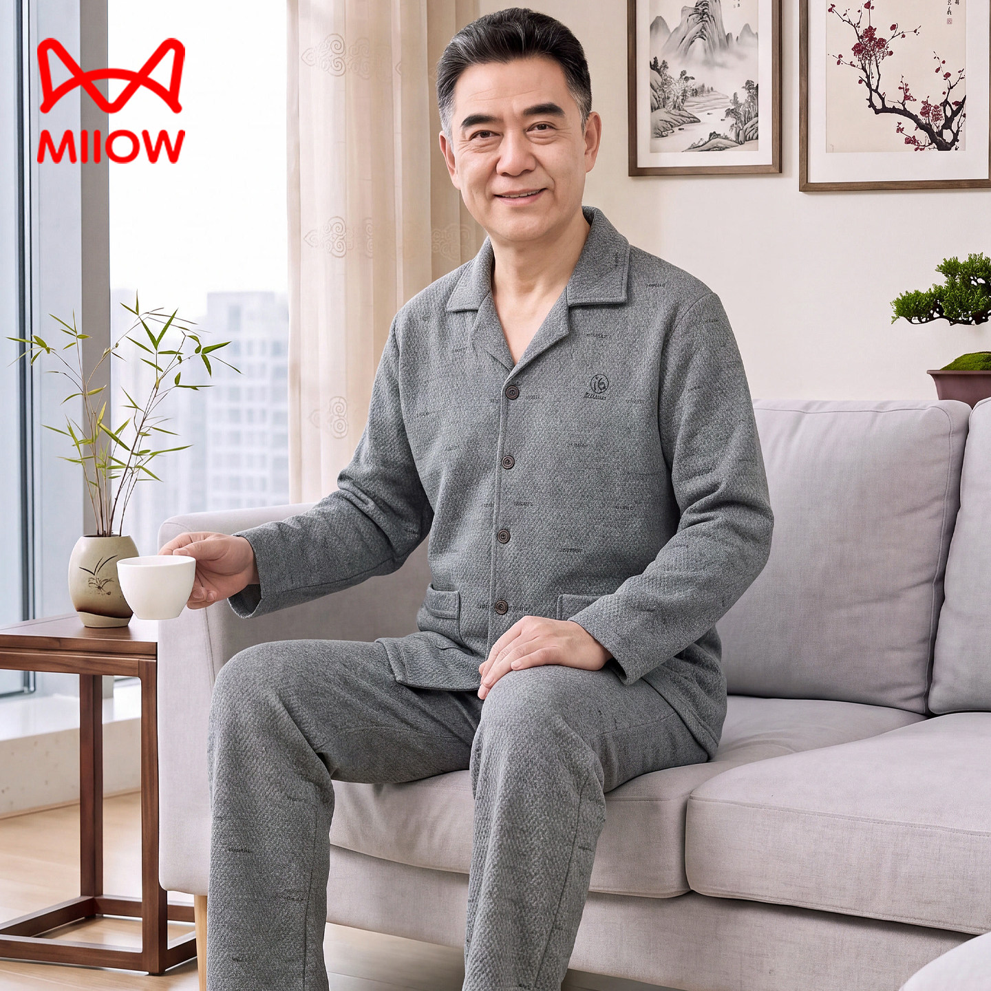猫人老人爷爷睡衣男秋纯棉长袖冬空气棉夹层中年爸爸薄夹棉家居服