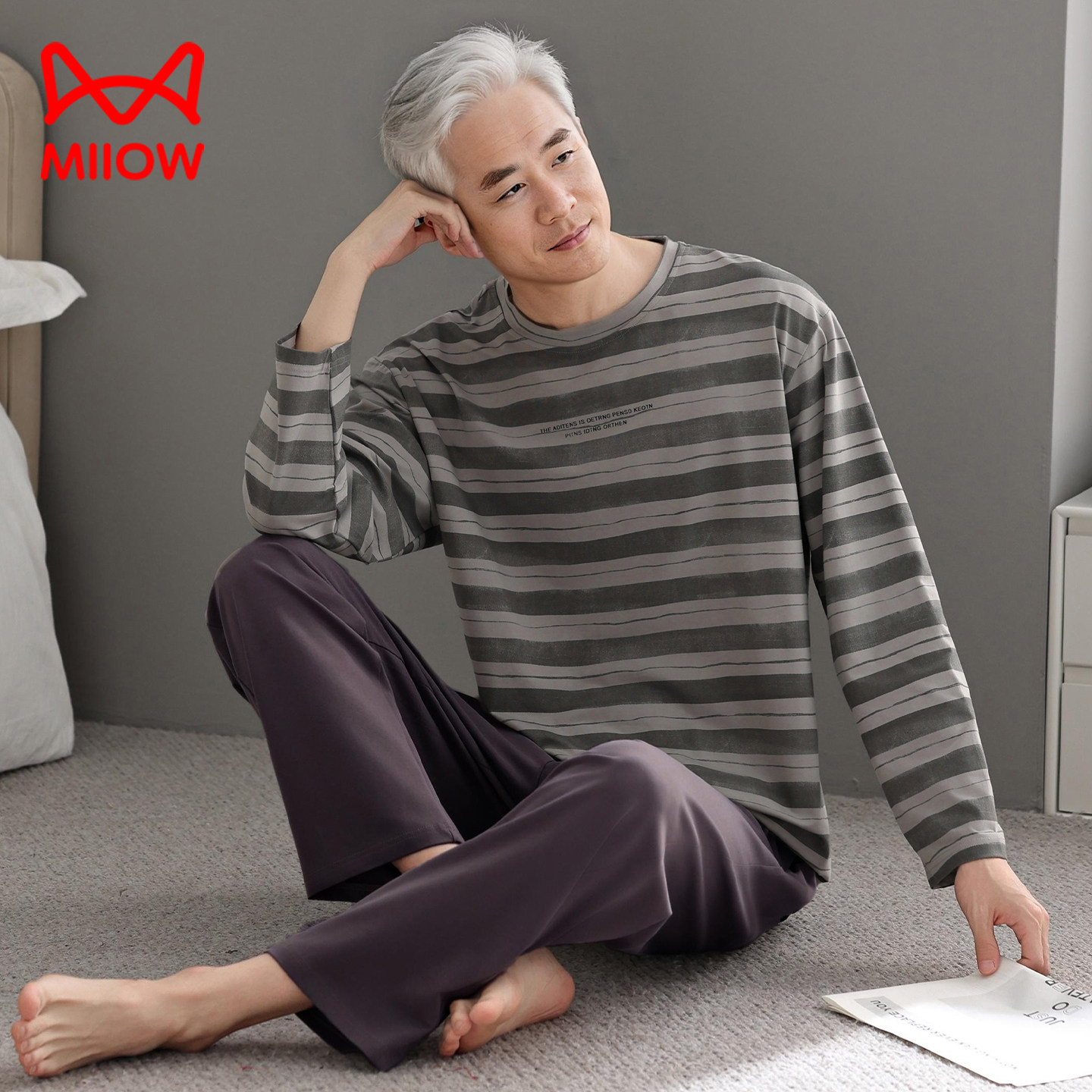 猫人睡衣男春秋纯棉长袖中老人年爸爸父亲全棉大码宽松家居服套装