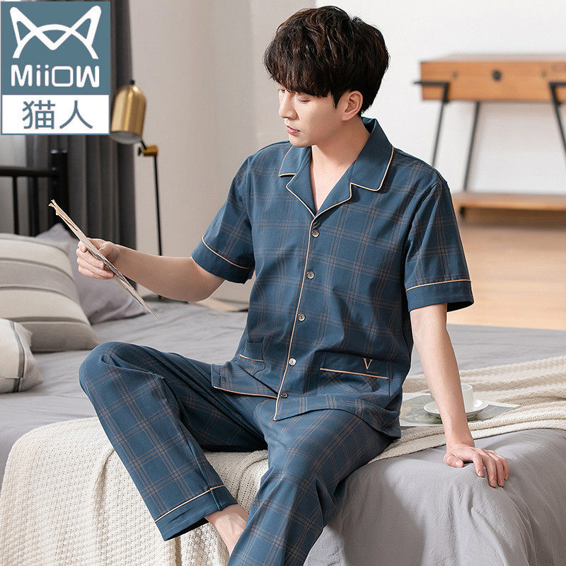 猫人睡衣男士夏季纯棉短袖长裤半袖薄款加大码中年爸爸家居服套装