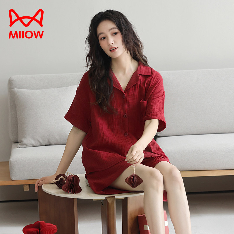 猫人红色睡衣女款2026新款夏季纯棉短袖短裤本命年结婚家居服套装